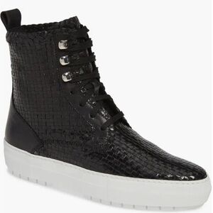 Aquatalia Tess Lace Up Woven Leather Sneakers Size 8.5 Black